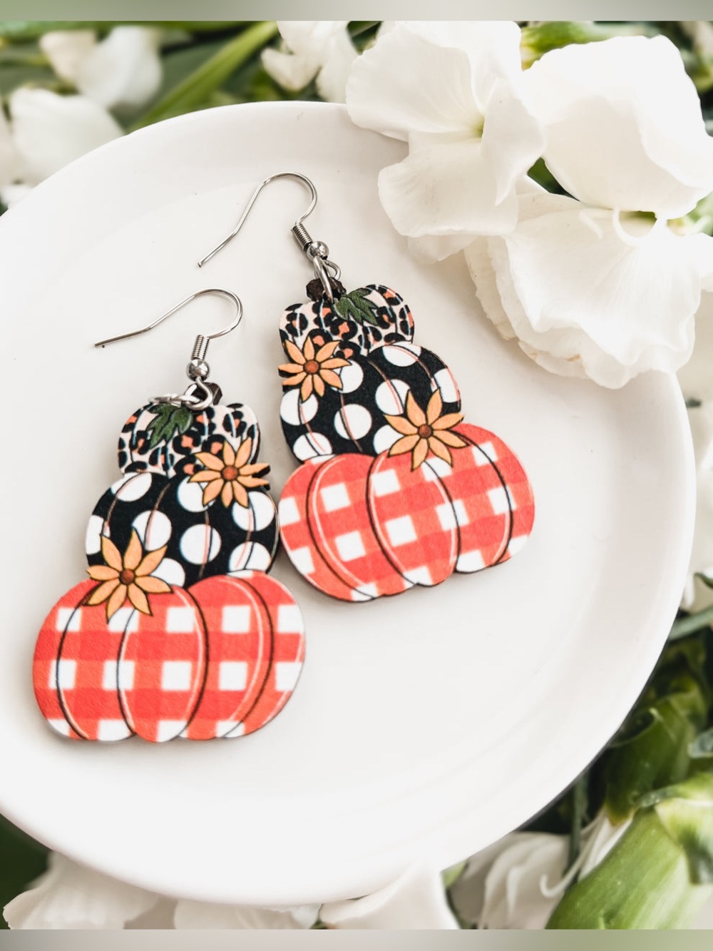Handcrafted Orange Gingham Pumpkin Wooden Earrings